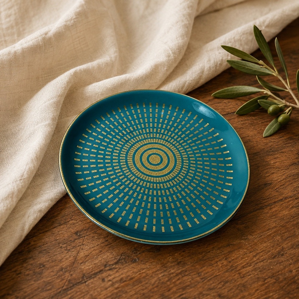 Jonathan Adler Santorini Mykonos Teal Gold Round Porcelain Trinket Dish 4.75"
